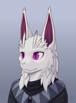 anthro cheek_tuft cloak clothing ear_tuft facial_tuft flesh_fang fur gradient_background hair inner_ear_fluff male mane mane_hair pupils purple_eyes purple_inner_ear_fluff simple_background slit_pupils solo three-quarter_view tuft white_body white_fur thribocarbon bian_(thribocarbon) mammal unknown_species 2024 bust_portrait hi_res portrait shaded signature