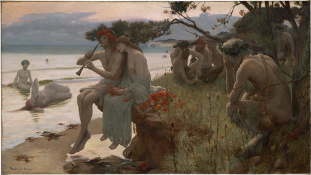 accessory beach brown_hair clothing cloven_hooves female flower flower_crown flower_in_hair grass group hair hair_accessory holding_musical_instrument holding_object hooves jewelry male musical_instrument necklace not_furry outside plant sitting sky toga tree rupert_bunny european_mythology greek_mythology mythology pastoral_(rupert_bunny) human humanoid mammal nymph satyr 1893 19th_century absurd_res ancient_art hi_res oil_painting_(artwork) painting_(artwork) signature traditional_media_(artwork) traditional_painting_(artwork)