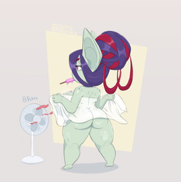 big_breasts big_butt big_ears bodily_fluids breasts butt electric_fan eyelashes female food green_body green_skin grey_background hair humanoid_pointy_ears pink_eyes pointy_ears popsicle popsicle_in_mouth purple_hair rear_view shortstack simple_background solo sweat sweatdrop thick_thighs towel towel_only wide_hips yellow_background goatsworth goblin humanoid absurd_res hi_res