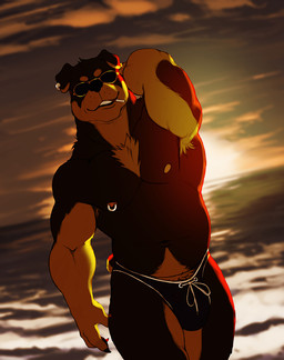 anthro armpit_hair barazoku beach biceps body_hair bulge chest_fur chest_hair cigarette clothed clothing clothing_cord detailed_background drawstring ear_piercing eyewear floppy_ears front_view fur grin male musclegut muscular muscular_anthro muscular_male nails nipple_piercing nipples outside pecs piercing pose presenting pubes quads raised_arm sea seaside skimpy sky smile solo speedo standing string_bow sun sunglasses sunset swimwear teeth tied_drawstring tied_string triceps water kristakeshi rennin canid canine canis domestic_dog mammal mastiff molosser rottweiler 2017 digital_media_(artwork) pinup portrait three-quarter_portrait