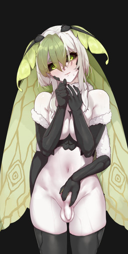3_fingers 5_fingers antennae_(anatomy) arm_tuft balls bangs black_background black_body black_exoskeleton black_sclera blush bodily_fluids breasts exoskeleton fingers flaccid foreskin front_view genitals green_antennae green_eyes green_hair green_wings gynomorph hair hand_on_belly hand_on_own_belly hands_together insect_wings intersex lepidopteran_wings looking_at_viewer multi_arm multi_limb multicolored_hair navel neck_tuft nude penis shy simple_background solo sweat sweatdrop tuft two_tone_hair white_body white_hair white_skin wings todding vtuber juniper_actias animal_humanoid arthropod arthropod_humanoid humanoid insect insect_humanoid lepidopteran lepidopteran_humanoid moth_humanoid absurd_res hi_res portrait three-quarter_portrait