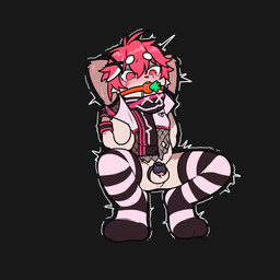 anthro balls bodily_fluids carrot chastity_cage chastity_device clothing crop_top fishnet_clothing food footwear gag gagged genital_fluids genitals hair leaking_precum male pink_hair plant precum scarf shaking shirt simple_background socks solo tears tight_thigh_socks topwear torn_clothing trembling vegetable morria_a bluegua_(character) lagomorph leporid mammal rabbit 1:1 hi_res