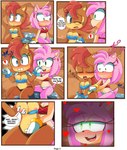 2017 absurd_res accessory amy_rose anthro archie_comics assisted_exposure blue_bra blue_clothing blue_eyes blue_underwear blush bodily_fluids bra breast_fondling breast_grab breast_play breast_size_difference breasts chipmunk clothing comic dialogue digital_media_(artwork) drooling duo english_text eulipotyphlan exclamation_point eyes_closed female female/female fingering fondling front-print_panties green_eyes ground_squirrel hair_accessory hairband hand_on_breast heart_eyes heart_print heart_print_panties heart_print_underwear heart_symbol hedgehog hi_res japanese_text mammal moan navel nipple_outline nipples one_breast_out one_eye_closed open_mouth panties print_clothing print_panties print_underwear red_bra red_clothing red_underwear rodent saliva sally_acorn sciurid sega sitting sonic_the_hedgehog_(archie) sonic_the_hedgehog_(comics) sonic_the_hedgehog_(series) sweat tenshigarden text thong tight_bra tight_clothing tongue underwear vaginal vaginal_fingering white_clothing white_panties white_underwear
