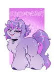 alternate_species blush collar female feral fur hair looking_at_viewer purple_body purple_eyes purple_fur purple_hair simple_background smile solo text feardakez ultra_(ultrabondagefairy) equid equine horse mammal 2021 english_text hi_res