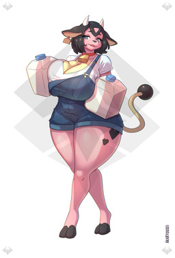 anthro big_breasts breasts cleavage clothed clothing container ear_piercing ear_tag female horn huge_breasts huge_hips huge_thighs milk_container overalls piercing solo tail thick_thighs wide_hips akaryuusei nintendo pokemon bovid bovine generation_2_pokemon mammal miltank pokemon_(species) absurd_res hi_res