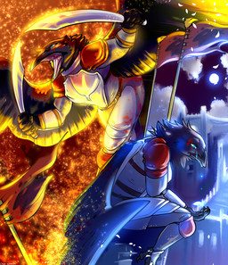 anthro armor beak black_body black_feathers blue_eyes bodily_fluids bottomwear breastplate clothed clothing crouching crying curved_sword dual_wielding eye_markings feathered_wings feathers female fire flag flaming_sword flaming_weapon holding_object holding_weapon light markings melee_weapon moon moonlight night open_mouth outside plate_armor scimitar solo sword tears topwear weapon wings danji-isthmus elenora_(bahumot) avian bird corvid corvus_(genus) oscine passerine raven digital_media_(artwork) hi_res