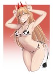 animal_print animal_print_bikini bikini blonde_hair blush breasts clothing cow_print cow_print_bikini eyelashes fake_tail female hair horn long_hair looking_at_viewer navel not_furry pattern_bikini pattern_clothing pattern_swimwear pupils red_background red_horn sharp_teeth simple_background small_breasts smile solo swimwear tan_body tan_skin teeth thick_thighs two-piece_swimsuit unusual_pupils white_background wide_hips yellow_eyes ravenrine chainsaw_man power_(chainsaw_man) horned_humanoid humanoid absurd_res hi_res