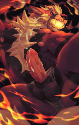 abs anthro anthrofied balls biceps big_penis biped black_body black_hair black_skin bodily_fluids body_hair chain chest_hair clothed clothing cum cum_on_penis cumshot ejaculation erection fire front_view gag genital_fluids genitals hair hairy happy_trail holding_object humanoid_genitalia humanoid_penis low-angle_view male muscular muscular_anthro muscular_male muzzle_(object) muzzled nipples open_mouth orgasm partially_clothed pecs penis pink_nose pokemorph pose pubes sharp_teeth solo spread_legs spreading standing teeth thick_penis tuft vein veiny_penis white_hair dangpa nintendo pokemon arcanine canid canine generation_1_pokemon mammal pokemon_(species) 2017 digital_media_(artwork) hi_res
