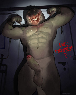 abs balls biceps blood bodily_fluids chain erection foreskin genitals humanoid_genitalia humanoid_penis looking_at_viewer male muscular muscular_male navel nipples nude pecs penis scary solo tail text banana_da_boi crocodilian reptile scalie english_text hi_res
