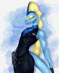 anthro blue_body clothing male multicolored_body narrowed_eyes simple_background slim smile solo tail feelieowo nintendo pokemon generation_8_pokemon inteleon pokemon_(species) reptile scalie digital_media_(artwork) hi_res