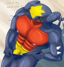 5_fingers abs ambiguous_gender ambiguous_human anthro areola arm_spikes balls biped black_sclera blue_body body_outline claws closed_smile clothed clothing clothing_pull countershading dialogue duo dutch_angle exposed_teeth finger_claws fingers flaccid genitals hand_on_hip hand_on_own_hip high-angle_view human_on_anthro humanoid_genitalia humanoid_penis imprint inside_clothing interspecies larger_anthro larger_focus larger_male looking_at_viewer looking_up looking_up_at_viewer male male/ambiguous male_anthro micro mouth_closed multicolored_body muscular muscular_anthro muscular_male navel nipples non-mammal_balls non-mammal_nipples open_mouth overbite pecs penis pink_areola pink_nipples pupils purple_clothing purple_speedo purple_swimwear red_body shadow side_mouth size_difference slit_pupils smaller_ambiguous smaller_human smile solo_focus speedo speedo_only spikes spikes_(anatomy) swimwear tail text topless trapped_in_clothing trapped_in_underwear underwear underwear_pull vein veiny_muscles white_claws yellow_balls yellow_body yellow_eyes yellow_penis draxosdragon mythology nintendo pokemon dragon garchomp generation_4_pokemon human mammal mythological_creature mythological_scalie pokemon_(species) scalie 2021 dated english_text hi_res signature story story_at_source story_in_description