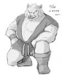 anthro biped boots clothed clothing footwear front_view kneeling male rope shirt shoes simple_background slightly_chubby solo stocky topwear tunic white_background gawein-dragon dragon_quest square_enix mammal monster orc_(dragon_quest) suid suina sus_(pig) wild_boar monochrome sketch