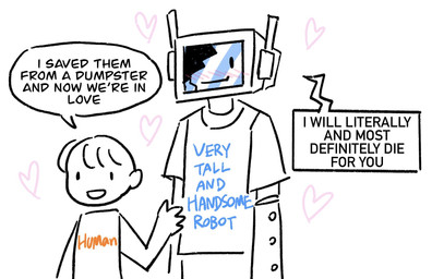 ambiguous/ambiguous ambiguous_gender black_line_art blush blush_lines clothed clothing dialogue duo electronics for_a_head hearts_around_body interspecies larger_ambiguous machine not_furry romantic romantic_couple screen screen_face shirt size_difference smaller_human television text text_on_clothing text_on_shirt text_on_topwear topwear nightmargin ship_dynamics_(meme) human humanoid mammal object_head robot robot_humanoid screen_head tv_head 2023 digital_media_(artwork) english_text hi_res