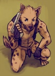 abs anthro balls biceps biped black_penis blue_eyes brown_body brown_fur ear_piercing flaccid fur genitals gun handgun high-angle_view holding_gun holding_object holding_ranged_weapon holding_weapon holster humanoid_genitalia humanoid_penis kneeling male markings muscular muscular_anthro muscular_male nipples nude pecs penis piercing pistol pose ranged_weapon shoulder_holster solo spots weapon weapon_holster boulevard alexeji hyena mammal spotted_hyena