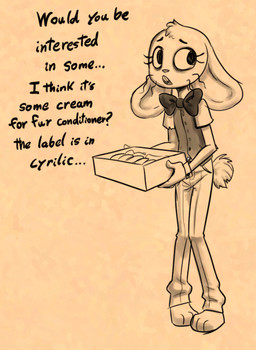 3_toes anthro barefoot black_text bottomwear bow_tie box buckteeth clothed clothed_anthro clothed_female clothing container crooked_whiskers dialogue eyebrows eyelashes feet female female_anthro fingers flat_chested floppy_ears gloves handwear holding_box holding_container holding_object knock-kneed looking_aside pants pigeon_toed shirt short_sleeves short_tail solo standing tail teeth text toes tongue topwear vest whiskers soulcentinel roommates:motha molly_(roommates) lagomorph leporid mammal rabbit 2026 english_text handwritten_text monochrome sepia