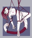 anthro bdsm bondage bound breasts fangs female fur hair long_tail pubes red_hair rope solo suspension suspension_bondage tail teeth white_body white_fur daxxorous namrah_svargeey felid mammal prehistoric_species saber-toothed_tiger hi_res model_sheet