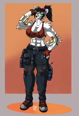 abs anthro big_breasts biped black_bottomwear black_clothing black_hair black_pants blue_eyes boots bottomwear bra breasts clothed clothed_anthro clothed_female clothing combat_gear female fingerless_gloves fingers footwear front_view fur gloves gradient_background hair hand_on_head hand_on_hip handwear humanoid_hands long_hair looking_at_viewer markings muscular muscular_anthro muscular_arms muscular_female navel pants plantigrade ponytail pose red_bra red_clothing red_underwear shirtless_anthro shirtless_female shoes simple_background smile solo standing text underwear white_body white_fur acephoenix2425 bear mammal polar_bear ursine 2024 artist_name colored full-length_portrait hi_res portrait shaded