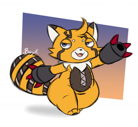 ahoge anthro blue_eyes female fur gun_arm hair markings orange_body orange_fur solo striped_markings striped_tail stripes tail tail_markings thick_thighs walking weapon_arm bunearyk bandai_namco digimon digimon_(species) pristimon hi_res