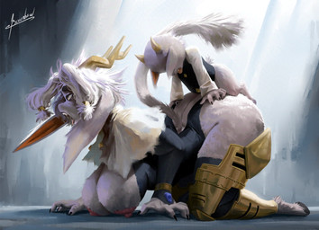 all_fours ambiguous_penetration anthro anthro_on_anthro anthro_penetrated anthro_penetrating anthro_penetrating_anthro antlers areola armor big_areola big_breasts big_butt big_ears big_penis bodily_fluids breasts butler butt claws clothed clothing doggystyle duo ecstasy female from_behind_position fur genitals grey_body grey_fur hooves horn huge_butt larger_female larger_penetrated larger_sub long_ears looking_pleasured male male/female nipples partially_clothed penetration penis perching_position pink_nipples saliva sex size_difference small_top_big_bottom smaller_male submissive thick_thighs tongue tongue_out blulesnsfw pseudoregalia butler_(pseudoregalia) sybil_(pseudoregalia) bovid caprine goat hybrid jackalope lagomorph mammal absurd_res hi_res signature
