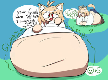 abdominal_bulge after_vore all_fours belly belly_on_ground big_belly blonde_hair burping digestion fatal_vore female hair hand_on_belly huge_belly hyper hyper_belly multiple_prey navel not_furry open_mouth oral_vore prey_count rumbling_stomach soft_vore standing tail text vore meosporin tsukihime type-moon neco-arc animal_humanoid cat_humanoid felid felid_humanoid feline feline_humanoid humanoid mammal mammal_humanoid 2025 english_text hi_res