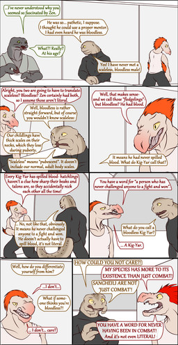 4_fingers annoyed anthro arm_quills clothed clothing dialogue exposition female fingers flat_chested food green_eyes group long_tail male male_anthro mandibles quill_hair red_quills scales shirt sitting speech_bubble standing tail tan_body tan_scales tank_top text topwear trio wide_eyed yellow_eyes thedragonjade halo_(series) microsoft xbox_game_studios alien kig-yar ruuhtian sangheili scalie colored comic english_text hi_res