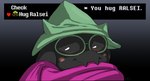 ambiguous_gender anthro black_body blush clothing eyewear fur gameplay_mechanics glasses green_clothing green_hat green_headwear hat headgear headwear looking_at_viewer round_glasses smile solo text littlenapoleon deltarune undertale_(series) ralsei bovid caprine darkner goat mammal 2021 english_text