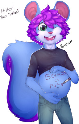 5_fingers anthro black_clothing black_shirt black_topwear blue_body blue_ears blue_fur blue_tail body_writing bottomwear buckteeth clothed clothing countershade_face countershading dialogue fingers fluffy fluffy_tail front_view fully_clothed fur green_bottomwear green_clothing green_eyes green_pants hair hand_on_belly iris male marker navel one_eye_closed open_mouth open_smile pants pink_inner_ear pink_nose pink_tongue pregnant pregnant_male pupils purple_hair purple_tail raised_clothing raised_shirt raised_topwear round_ears shirt simple_background smile solo standing tail teeth text tongue topwear two_tone_tail underage_pregnancy white_background white_body white_countershading writing_on_belly young young_anthro young_male raineshadowpaw zeke_(zekey) mammal rodent sciurid absurd_res digital_media_(artwork) english_text half-length_portrait hi_res portrait signature maleherm_(lore)
