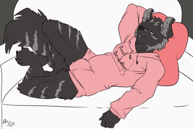 anthro biped black_body black_fur black_nose bottomless bottomless_male bulge cheek_tuft claws clothed clothing detailed_bulge eyebrows facial_tuft flaccid fur furniture genital_outline genitals glans hoodie humanoid_genitalia humanoid_penis looking_at_viewer lying lying_on_sofa male on_back on_sofa one_eye_closed penis penis_outline pillow pink_clothing pink_hoodie pink_topwear sofa solo striped_body stripes tan_stripes teeth text text_on_clothing text_on_topwear toe_claws topwear tuft fuf ambiguous_species mammal 2019 3:2 english_text