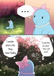 absurd_res accessory bow_ribbon comic detailed_background dialogue english_text female feral generation_2_pokemon gradient_background hi_res jade_(loreking) leaf light loreking nintendo plant pokemon pokemon_(species) quagsire simple_background size_difference smaller_female solo sparkles sunlight text thought_bubble tree