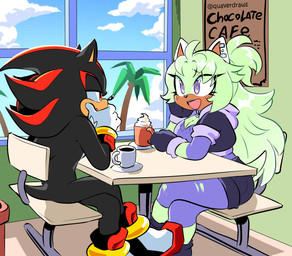 anthro auburn_eyes beverage black_body black_fur black_lipstick black_quills blue_sky cafe clothed clothed_anthro clothed_female clothing cloud coffee coffee_mug crossed_legs dairy_products duo eyelashes female food footwear freckled_face freckles fully_clothed fully_clothed_anthro fully_clothed_female fur gloves hair handwear hoodie lipstick makeup male palm_tree plant plant_pot potted_plant purple_eyes quills_(anatomy) red_stripes shoes sky skyscape smile stripes sweather tan_mouth teal_body teal_fur teal_hair text topwear tree whipped_cream white_clothing white_gloves white_handwear quavernsfw sega sonic_the_hedgehog_(series) fan_character minthe_the_hedgehog shadow_the_hedgehog eulipotyphlan hedgehog mammal 2026 artist_name hi_res