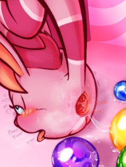 anus ball blue_eyes blush bodily_fluids breath female fur gaping gaping_anus genitals hair panting pink_body pink_fur pink_hair rabbit_ears round_body simple_background solo sweat tail tongue tongue_out vulva cha0sapien the_munchables munchy_(the_munchables) waddling_head 3:4 absurd_res hi_res