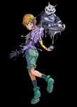 blonde_hair blue_eyes claws clothing digivice footwear gloves goo_transformation hair handwear human_to_anthro legwear looking_back male shoes smile socks solo species_transformation transformation tuft midorimushig bandai_namco digimon takeru_takaishi digimon_(species) human mammal strabimon absurd_res alpha_channel hi_res