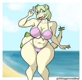abstract_background anthro beach belly big_breasts bikini bikini_thong blue_eyes blue_sky border breasts choker cleavage clothed clothing curvy_figure day double_bun eyelashes female gesture glistening glistening_arms glistening_belly glistening_body glistening_breasts glistening_legs glistening_scales green_body green_hair green_scales hair hand_gesture hourglass_figure huge_hips huge_thighs jewelry long_tail looking_at_viewer navel necklace open_mouth open_smile outside pink_bikini pink_clothing pink_swimwear scales sea seaside skimpy skimpy_bikini sky small_waist smile snout solo spiked_tail spikes spikes_(anatomy) swimwear tail text thick_thighs two-piece_swimsuit v_sign voluptuous voluptuous_anthro voluptuous_female water white_border wide_hipped_anthro wide_hipped_female wide_hips fdaapprovedbeef cavemanon_studios goodbye_volcano_high ko_op_(game_developer) snoot_game stella_(gvh_beta) dinosaur ornithischian prehistoric_species reptile scalie stegosaurian stegosaurus thyreophoran 2026 absurd_res artist_name digital_drawing_(artwork) digital_media_(artwork) hi_res watermark