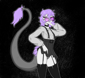 abstract_background anthro bent_arm biped bottomwear buckle choker clothed clothing eyewear feathered_tail feathers female garter_straps gesture glasses hair half-closed_eyes hand_behind_head hand_gesture jewelry legwear long_sleeves long_tail looking_at_viewer medium_hair narrowed_eyes necklace panties pointing pose purple_body purple_eyes purple_eyewear purple_feathers purple_glasses purple_hair purple_scales round_glasses scales seductive skirt smile solo stockings straps sweatshirt tail thigh_highs underwear gothgator0 goodbye_volcano_high ko_op_(game_developer) sage_(gvh) dinosaur dromaeosaurid microraptor prehistoric_species reptile saurischian scalie theropod absurd_res hi_res monochrome shaded spot_color male_(lore) trans_(lore) trans_man_(lore)