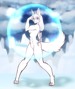 abs anthro biceps black_nose blue_eyes breasts bubble claws cloud convenient_censorship day ear_tuft female flexing fur hair holding_melee_weapon holding_object holding_sword holding_weapon ice long_hair looking_at_viewer magic melee_weapon muscular muscular_anthro muscular_female nude outside ponytail pose shadow smile solo standing sun sword tail tasteful_nudity teeth tuft weapon white_body white_fur white_hair white_tail scorpdk canid canine canis mammal wolf 2017 absurd_res hi_res