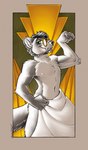 anthro art_deco covering covering_self eyewear facial_hair flexing flexing_bicep fluffy fluffy_tail glasses green_eyes head_hair head_tuft looking_at_viewer male navel nipples simple_background simple_coloring smile smiling_at_viewer solo tail towel towel_around_waist tuft softailfox mammal mustelid musteline true_musteline weasel black_and_white digital_drawing_(artwork) digital_media_(artwork) hi_res monochrome sketch