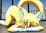 anthro ass_up blonde_hair claws female fur gloves_(marking) hair inner_ear_fluff leg_markings looking_at_viewer markings on_ground purple_claws purple_eyes socks_(marking) solo tuft white_body window yellow_body yellow_fur nikku_lunatique ouko_furinji canid canine canis fox mammal hi_res