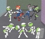 female group kick male punch trash_can unconscious henchmook disney zootopia judy_hopps nick_wilde canid canine european_rabbit fox lagomorph leporid lizard mammal oryctolagus rabbit red_fox reptile scalie true_fox hi_res