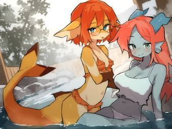 anthro biped blue_eyes blush blush_lines breasts brown_body clothing detailed_background duo ear_fins eyewear female fin glasses grey_body grey_eyes hair horn hot_spring looking_at_viewer non-mammal_breasts onsen orange_body orange_hair outside small_breasts swimwear two-piece_swimsuit water lilkon mythology yumi_(lilkon) aquatic dragon fish mythological_creature mythological_scalie scalie shark wingless_dragon 2026 hi_res