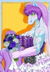 abstract_background anthro armwear big_breasts blush bouquet breasts bride clothed clothing crossgender dress duo elbow_gloves faceless_character faceless_male female gloves green_eyes hair handwear larger_female looking_at_viewer male male/female muscular muscular_female pupils purple_hair size_difference slit_pupils smaller_male suit veil wedding_dress yellow_sclera gotobeido dragon_quest dragon_quest_v square_enix hero_(dq5) kon_the_knight equid equine horse human mammal cover