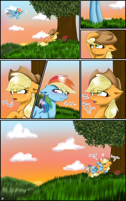 blush clothing cloud cowboy_hat duo female female/female feral grass green_eyes hat headgear headwear plant romantic romantic_couple sunset text tree wings galaxy_swirl friendship_is_magic hasbro my_little_pony mythology applejack_(mlp) rainbow_dash_(mlp) equid equine horse mammal mythological_creature mythological_equine pegasus pony absurd_res comic english_text hi_res