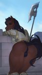 anthro anus armor bardiche black_hair bottomless breastplate butt clothed clothing female genitals hair leaning leaning_forward long_hair looking_at_viewer melee_weapon polearm puffy_anus pussy solo text thick_thighs weapon kate_starling equid equine horse mammal 2022 artist_name hi_res