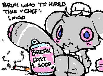 :< balls beverage beverage_can big_balls big_penis biped bipedal_feral black_text blush blush_lines chef_hat cigarette clothing dialogue erection feral foreskin fur fur_tuft genitals glans glistening glistening_eyes gloves_(marking) grey_body grey_fur grey_penis hat head_tuft headgear headwear huge_balls huge_penis hyper hyper_balls hyper_genitalia hyper_penis looking_at_viewer male male_feral markings mouth_closed multicolored_body no_sclera penis pink_eyes pink_glans pupils purple_pupils small_but_hung solo squigglevision standing text tuft two_tone_body white_body ligma_(artist) nintendo pokemon espurr generation_6_pokemon pokemon_(species) 2025 animated digital_media_(artwork) english_text flat_colors handwritten_text low_res wigglypaint_(artwork)