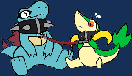 ambiguous_gender bodily_fluids collar collar_to_collar duo flying_sweatdrops leashed_together smug spiked_collar spikes sweat sweatdrop tail worried trout_(artist) nintendo pokemon tototrout generation_2_pokemon generation_5_pokemon pokemon_(species) reptile scalie snivy totodile alpha_channel