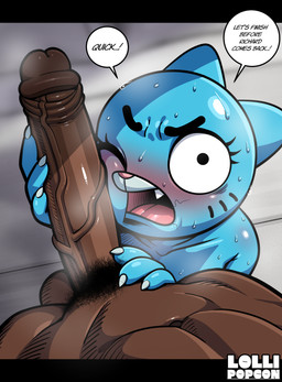 anthro big_penis blue_body blue_fur blush dark_body dark_skin dialogue duo erection faceless_character faceless_human faceless_male female female_on_human first_person_view fur genitals human_on_anthro human_pov humanoid_genitalia humanoid_penis infidelity interspecies male male/female male_on_anthro male_pov nude nude_anthro nude_female nude_human nude_male penile penis pubes speech_bubble text lollipopcon cartoon_network the_amazing_world_of_gumball nicole_watterson domestic_cat felid feline felis human mammal 2026 absurd_res english_text hi_res