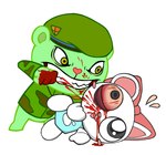 abuse anthro blood blood_stain bloodshot_eyes bodily_fluids bow_(feature) duo female gore heart_nose heart_symbol male nosebleed pink_nose simple_background white_background white_body la_cocotua happy_tree_friends pretty_blood fliqpy_(htf) rinny_(pretty_blood) bear mammal