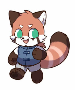 anthro blue_clothing blue_topwear bottomwear brown_body brown_fur brown_tail chibi clothed clothing countershading front_view fur glistening glistening_eyes green_eyes grey_bottomwear grey_clothing grey_pants happy head_tuft looking_aside male open_mouth orange_body orange_fur orange_tail pants simple_background solo standing tail topwear tuft unsigned white_background white_clothing white_topwear asnnonaka ailurid mammal red_panda 5:6 full-length_portrait hi_res portrait