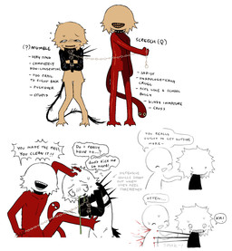 3_toes :d ^_^ ambiguous_gender ambiguous_humanoid black_clothing black_collar black_eyes black_shirt black_tail black_text black_topwear blood bodily_fluids bottomless bottomless_ambiguous bottomless_humanoid chain chain_leash clothed clothing collar dialogue dominant dominant_female dominant_humanoid dot_eyes duo eyeless eyes_closed feet female female_humanoid foot_on_another's_stomach forced fur grey_text grin holding_leash holding_object latex latex_clothing latex_shirt latex_topwear leash loose_feather nervous nervous_smile nervous_sweat noseless open_mouth open_smile quill red_body red_skin red_tail shirt simple_background simple_eyes smile solid_circle_eyes speech_bubble spiked_collar spikes standing submissive submissive_ambiguous submissive_humanoid sweat tail tan_body tan_fur teeth text toes topwear vomit white_background yellow_teeth jejejunum mumble_(jejejunum) screech_(jejejunum) humanoid monster monstrous_humanoid tailed_humanoid 2026 digital_drawing_(artwork) digital_media_(artwork) english_description english_text firealpaca_(artwork) hi_res multiple_images
