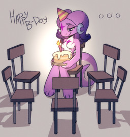 anthro birthday cake candle chair chibi clothing crescent_moon dessert ear_piercing ear_ring female food furniture hat headgear headwear looking_down moon on_chair party_hat piercing pseudo_hair ring_piercing simple_background sitting sitting_on_chair smile solo star_symbol symbol tail tentacle_hair tentacles tealsick najalis hi_res