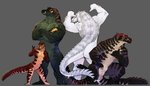 anthro butt crossed_arms fangs featureless_crotch flexing green_body group looking_at_viewer male muscular muscular_male nude pose scales sharp_teeth size_difference smile tail teeth thick_tail white_body white_scales mleme crocodilian reptile scalie hi_res